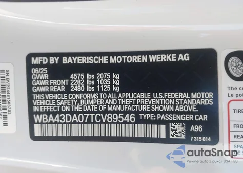 2026 BMW 430I z USA, uszkodzony, nr VIN WBA43DA07TCV89546